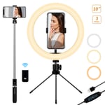 10" LED Ring Light with Tripod Stand Selfie Stick & Cell Phone Holder for Youtube Live Stream Video Selfie Vlog Photography,Desk Makeup Ring Light with Dimmable 3 Light Modes & 10 Brightness Level