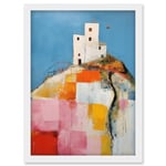 Artery8 House on the Hill Oil Painting Abstract Geometric Patchwork Palette Knife Pastel Colour Rural Landscape Artwork Framed Wall Art Print A4