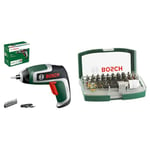 Bosch Home and Garden Compact Cordless Screwdriver IXO (7th Gen; Micro-USB Cable; Compatible with IXO-Collection Attachments) + 32pc. Screwdriver Bit Set (PH-, PZ-, Hex-, T-, TH-, S-Bit, Accessories)