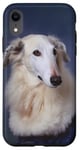 Coque pour iPhone XR Borzoi en pull bleu avec visage de chien amusant