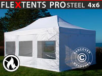 Snabbtält Depåtält Easy-up tält Eventtält Partytält FleXtents PRO Steel 4x6m Vit, Flammhämmande, inkl. 8 sidor