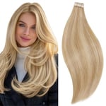 RUNATURE Extension Adhesive Cheveux Naturel Blond Extension de Cheveux Humain Bande Adhesive Blond Doré avec Blond Clair Extension Cheveux Naturel Adhesif 12 Pouces/30cm 20 Pièces/30g #16P24