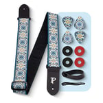 Perri's Leathers Ltd-Guitar Strap-Bundle-BONUS-3 Medium 0.71mm Guitar Picks, 1 Leather Acoustic Adaptor, 4 Strap Locks (Blue Mandala)