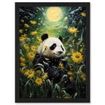 Artery8 Midsummer Night's Panda Dream Oil Painting Panda Bear in a Full Moon Sunflower Field Landscape Kids Bedroom Artwork Framed A3 Wall Art Print