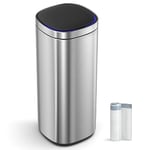 SONGMICS Motion Sensor Kitchen Bin 50L, Automatic Rubbish Bin, Trash Bin, Multi-Coloured Indicator Lights, Ozone Odour Control, Stay-Open Lid, Tall, Steel, Silver LTB620E50