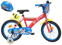 Vélo ATLAS Vélo Enfant équipé de 2 Freins, Porte Bidon Garde Boues, Plaque Avant, stabilisateurs Amovibles + Casque Pat Patrouille Inclus Garçon, Rouge, 16 Pouces