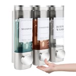 MEKOTRIN Soap Dispenser Wall Mounted, Shampoo and Conditioner Dispenser 3 Chamber Shower Gel Dispenser Hand Washing Liquid Dispenser ABS No Drill Set for Bathroom Kitchen 300ML*3(Silver)