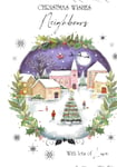 CHRISTMAS CARD FOR NEIGHBOURS - VILLAGE SCENE, SANTA, FLYING SLEIGH