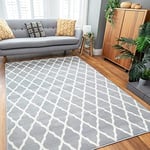 Traditional Classic Grey Trellis Area Rug White Modern Geometric Triangle Pattern Bedroom Living Room Entrance Kitchen Carpet Mat Rugs 80cm x 150cm