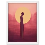 Sunrise Solitude Minimalist Artwork Plum Pink Gold African Woman Silhouette in Golden Sun Halo Artwork Framed Wall Art Print A4