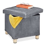 Relaxdays Tabouret de Rangement, Couvercle-Plateau, Pieds en Bois, Pouf carré, H x L x P : 35x38x38 cm, Gris Clair