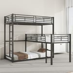 Lit à cadre en fer 90×200cm,lits triples au design simple,cadre de lit avec cadre en métal,avec garde - corps haut,deux échelles, Noir