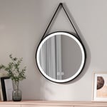 Emke - Miroir lumineux salle de bain rond diamètre 60cm cadre noir avec lanière réglable, Miroir led rond avec Interrupteur Tactile, Miroir avec