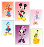 DKORARTE Lot de 6 tableaux en bois pour décoration de salon modernes, chambres à coucher, chambre d'enfant, Mickey, Daisy, Pluto, Goofy, Donald, Minnie avec crochets métalliques (2 x 38 x 29 cm ; 4 x