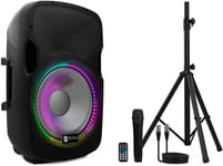 Wiibo Festa 15Bt - Enceinte Active Professionnelle 15" - Puissance 600W - Haut-Parleur Avec Bluetooth - Connexion Usb/Sd - Support Réglable - Kit Câble + Microphone - Télécommande - Illumination Led