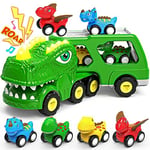 ENJSD Camion Dinosaure Jouet pour Enfant de 3 4 5 Ans, 5 en 1 T-Rex Camion Transporteur Voiture avec Lumières et Sons, Jeux pour Garcon Fille 3 à 5 Ans, Cadeau Noel Enfant de 3-5 Ans(Vert)