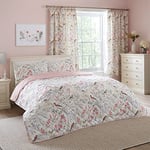 Dreams & Drapes - Pink Floral & Bird Bedspread (230cm X 200cm) - Reversible (2 Designs) - Floral Quilt in Pink - Pink Quilted Bedspreads with Botanical Prints & Spring Birds