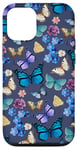 iPhone 13 Colorful Floral Pattern Butterfly Garden on Dark Blue Case