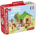 Maison et Jardin 135 Pièces - JEUJURA - Jeu de Construction en Bois Naturel, Tapis et Accessoires Inclus, 32x27x11 cm