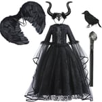 Maleficent flickor klänning lyx spets svart häxa klänning barn Halloween karneval rollspel kostym mörk tema rollspel kostym set 02-WELLNGS Dress Sets 02 7-8Y Tag-140