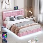 Lit double 140x200 cm, tissu lin, avec éclairage led, cadre de lit suspendu, 2 ports de chargement usb, lit adulte capitonné, style moderne - Rose