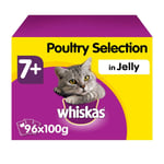 96 X 100g Whiskas 7+ Senior Wet Cat Food Pouches Mixed Poultry In Jelly