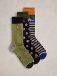 White Stuff Cotton Blend Sporty Chap Novelty Socks, Pack of 3, Green/Multi