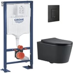 Grohe - Pack wc Bâti Solido + wc sans bride sat Noir mat + Abattant frein de chute + Plaque noir mat (AUTOPORTANT-BLACKSAT-KF0)