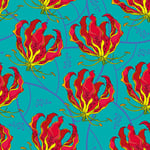 Seamless pattern with Gloriosa superba or flame lily tropical flower on the green background Poisonous plant  National flower of Zimbabwe Floral background in contour style