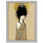 Woman in Klimt Style Dress Gold Black Painting Artwork Framed Wall Art Print A4