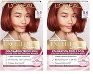 L’ORÉAL PARIS - Coloration Cheveux Permanente Triple Soin - Couvre 100% des Cheveux Blancs - Excellence Crème - Nuance : Châtain Auburn (5.60) (Lot de 2)