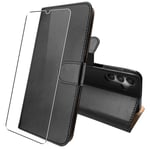 Leather Wallet Flip Case for Samsung Galaxy A24 4G + Glass Screen Protector Blac