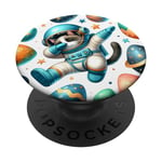 Chat astronaute flottant dans l'espace avec des planètes d'oeufs PopSockets PopGrip Interchangeable