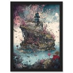 Fantasy World Coastal Island Landscape Nymph House Magical Marine Life Flying Fish Seaweed Cloud Artwork Framed Wall Art Print A4