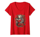 Womens Flowers Sloth Reading Book Valentines Day Graphic Funny V-Neck T-Shirt