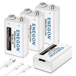 ENEGON Batterie 9V USB Directe Rechargeable Lithium-ION avec câble USB Type-C 2 en 1 pour Microphone, détecteurs de fumée, Jouets électroniques, Talkie-walkie et Autres appareils, Lot de 4 Piles