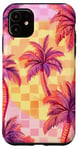 Coque pour iPhone 11 Rose Art Déco Plage à Carreaux Coucher De Soleil Océan Whimsical Palm