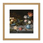 Van Der Ast Still Life Fruit Flowers Painting 8X8 Inch Square Wooden Framed Wall Art Print Picture with Mount