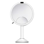 simplehuman ST3038 20cm Sensor Mirror Trio with Touch-Control Brightness, Light Up Makeup Magnifying Mirror, 10x, 5x, 1x Magnification, LED, Dual Light Setting, Rechargeable, White Stainless Steel