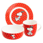 United Labels The Peanuts Snoopy Set de petit-déjeuner 3 pièces, rouge à pois, vaisselle en porcelaine avec assiette Ø 19 cm, tasse 220 ml et bol 330 ml