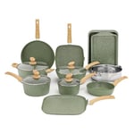 Kitchen Academy 17 Pcs Pots and Pans Set Non Stick, Induction Kitchen Cookware Set, Green Healthy Nonstick Granite Coated Saucepans Frying Pans Set, PFOA & PFOS Free