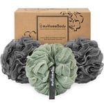 myHomeBody Grande éponge Loofah 70g, éponge de bain, éponge pour le corps| Eponge exfoliante - Pouf de douche pour le lavage du corps avec charbon actif - 2 Graphite Gray + 1 Sage Green, 3 Pack