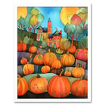 Farm House Halloween Pumpkin Patch Modern Folk Art Watercolour Painting Art Print Framed Poster Wall Decor 12x16 inch