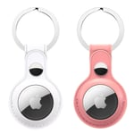 Se7enline Key Holder for Apple AirTag, 2-Pack Leather Case compatible with Airtag Loop Tracker Holder Key Ring , Easy Carry AirTag Cover for Keys, White & Pink