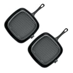 SOGA 2X 23.5cm Square Ribbed Cast Iron Frying Pan Skillet Steak Sizzle Platter with Handle - Frying Pans - ZPai006X2