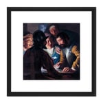 Lievens Card Players Painting 8X8 Inch Square Wooden Framed Wall Art Print Picture with Mount