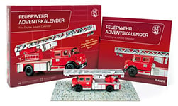 FRANZIS 67206 – Calendrier de l'Avent pompiers en métal – Kit de modélisation du Mercedes-Benz L1519 à l'échelle 1:43, avec livre d'accompagnement de 52 pages