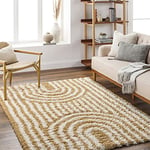 Surya Kalba Tapis Shaggy - Tapis Salon, Salle à Manger, Chambre Adulte et Ado, Cuisine - Tapis Poil Long Moelleux et Doux, Beige Motif Berbère, Grand Tapis Chambre 160x220cm - Blanc et Moutarde