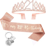 Popuppe 3pcs 21st Birthday Sash and Crown Tiara Keychain for Girls Gold 21st for