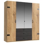 Armoire PORTLAND style industriel 200 cm 4 portes 2 miroirs chêne poutre graphite